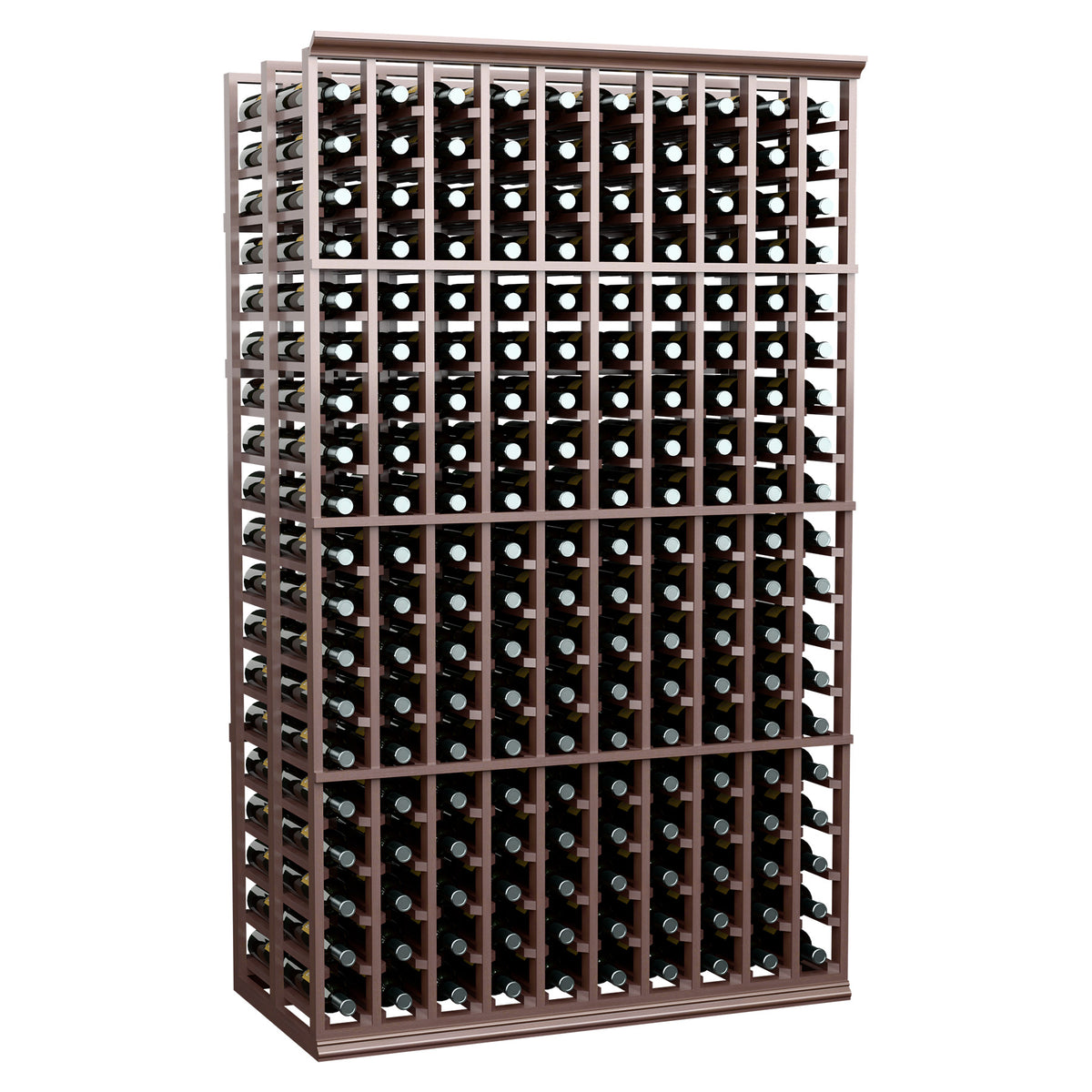 Dark wood wine bottle rack with filled rows of bottles, front view