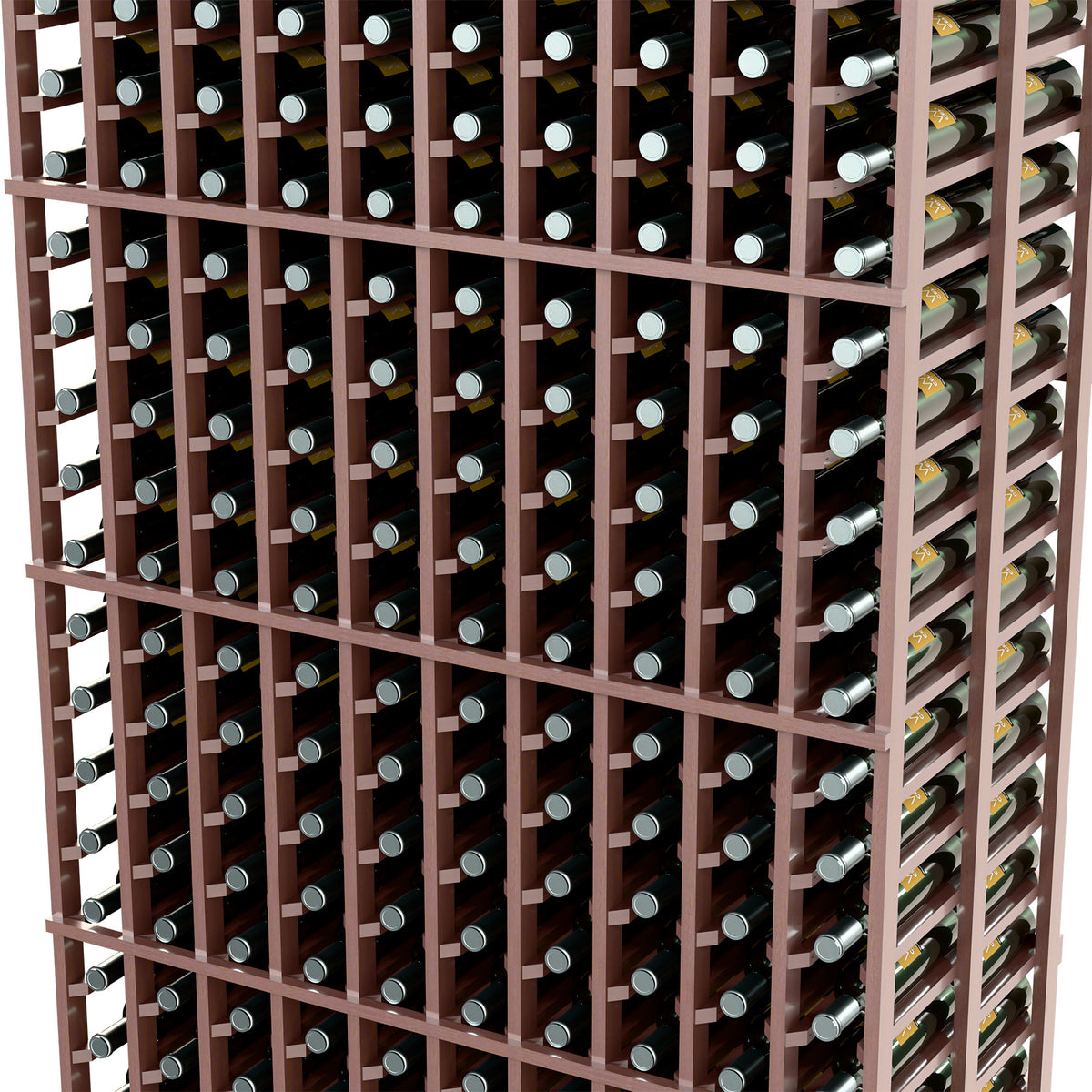 Dark wood wine bottle rack close-up of bottle rows and dividers