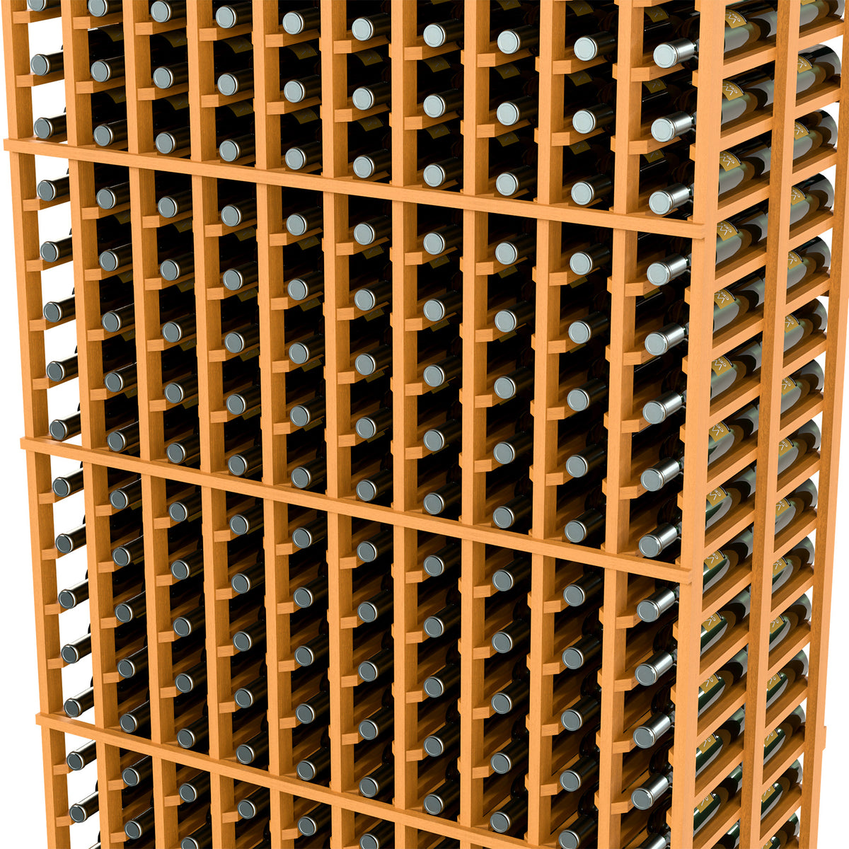 Light wood wine bottle rack close-up of bottle rows and dividers