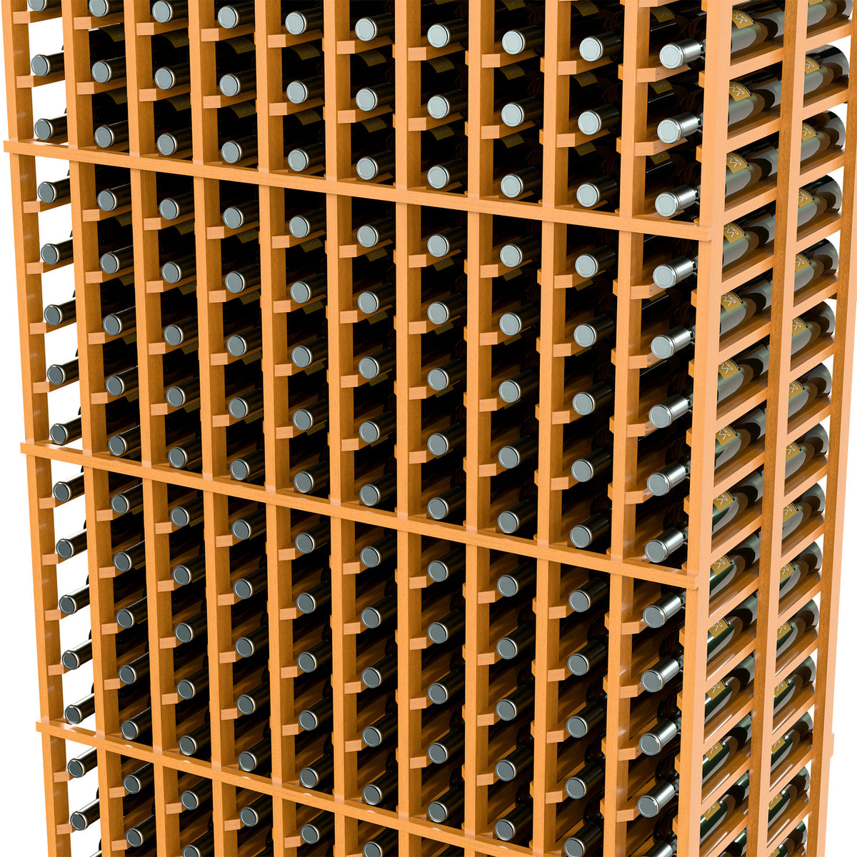 Light wood wine bottle rack close-up of bottle slots and dividers