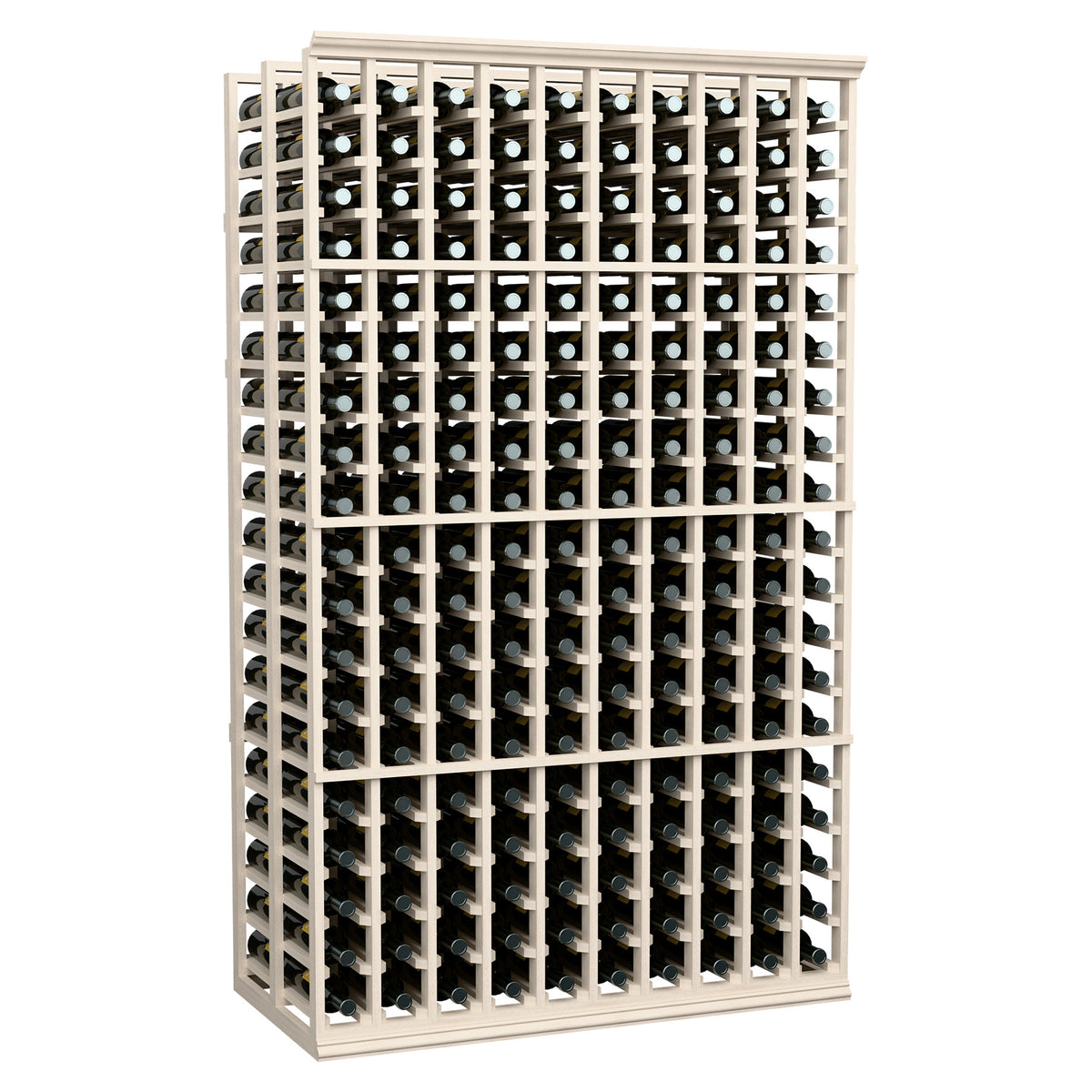 White wine bottle rack with filled rows of bottles, front view