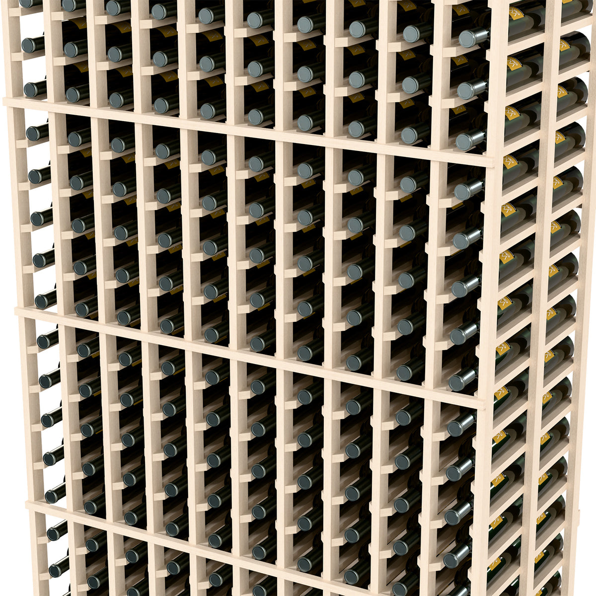White wine bottle rack close-up of bottle rows and wooden dividers