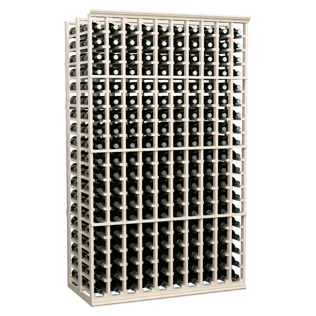 White wine bottle rack with filled rows of bottles, front view