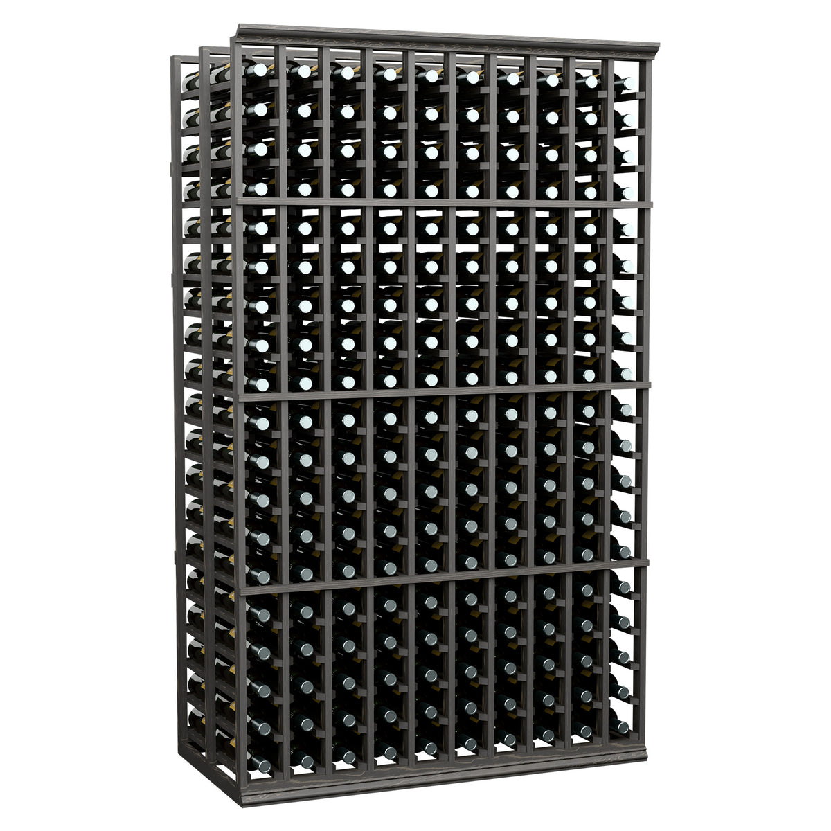 10-column double-deep wine rack, 6ft tall, black metal frame with glass-bottle slots