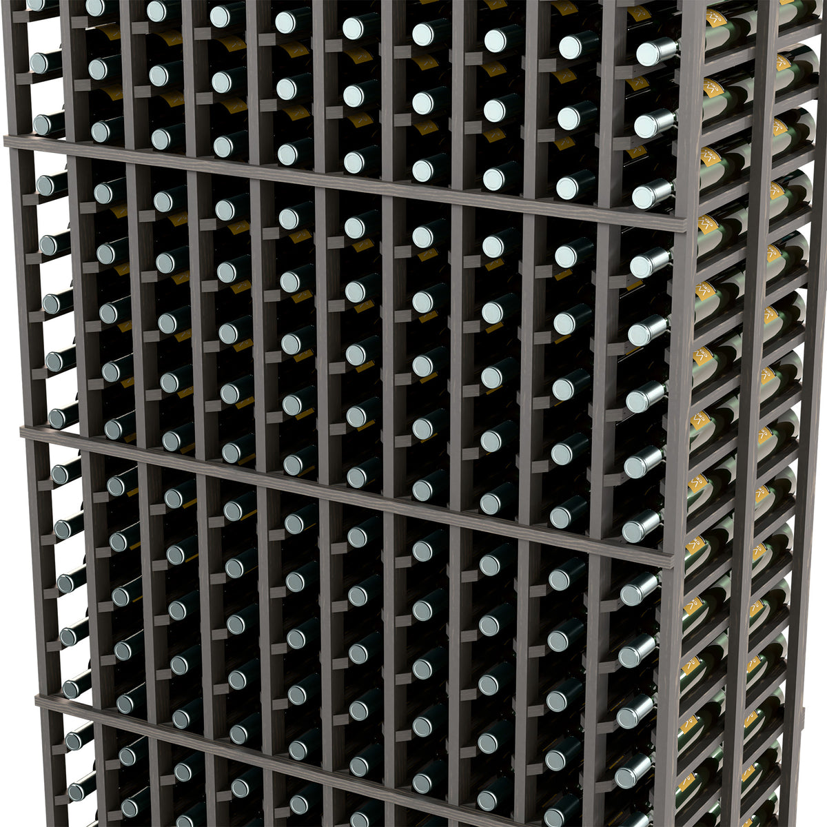 10-column double-deep wine rack close-up, black frame with bottle-neck storage holes