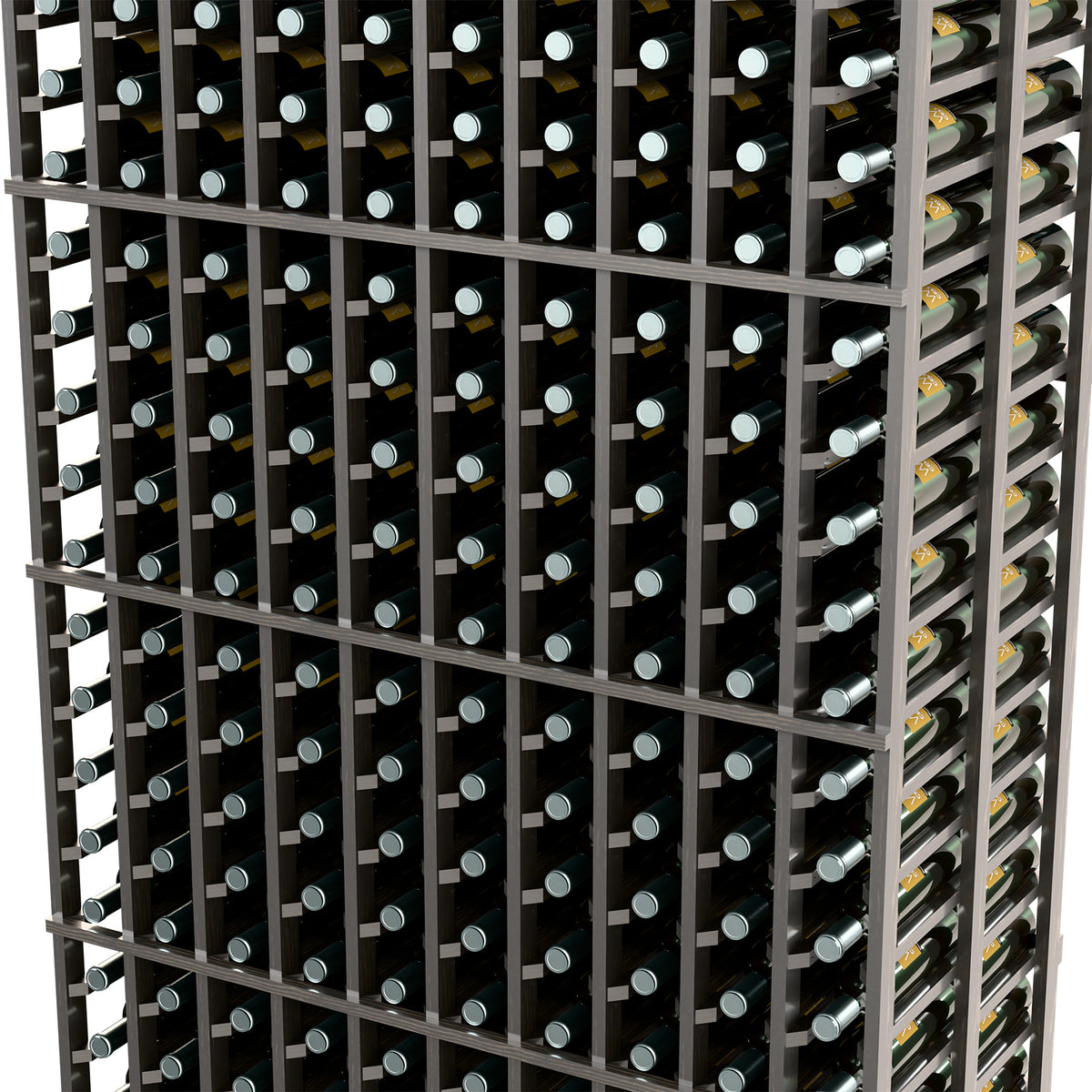 10-column double-deep wine rack close-up, dark frame with front bottle holders