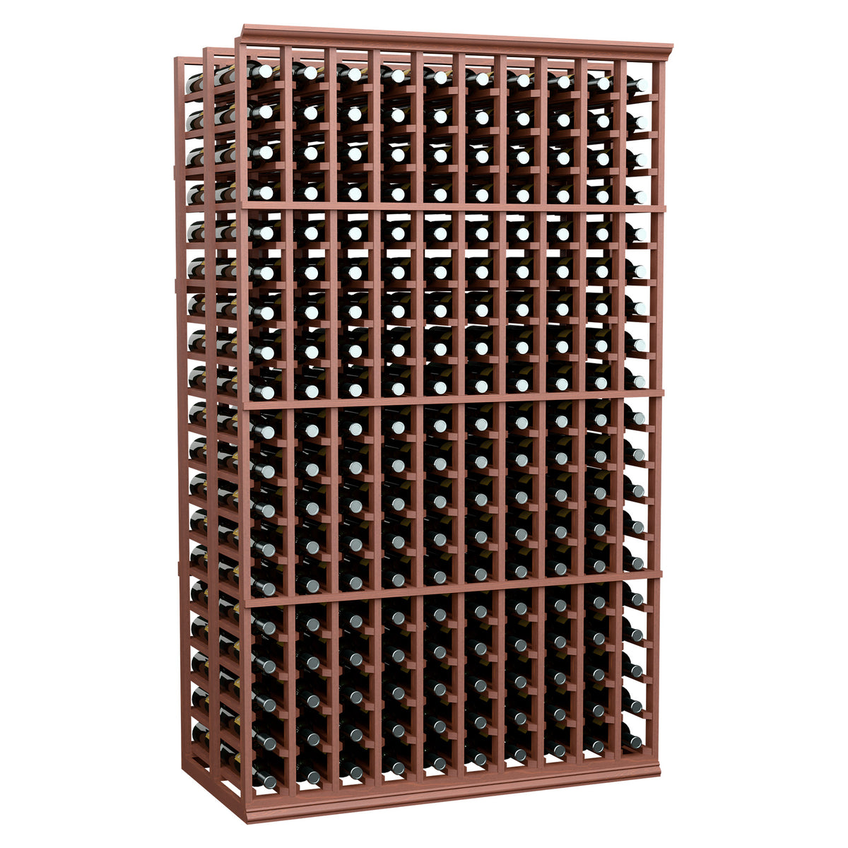 10-column double-deep wine rack, 6ft tall, reddish wood frame with bottle slots