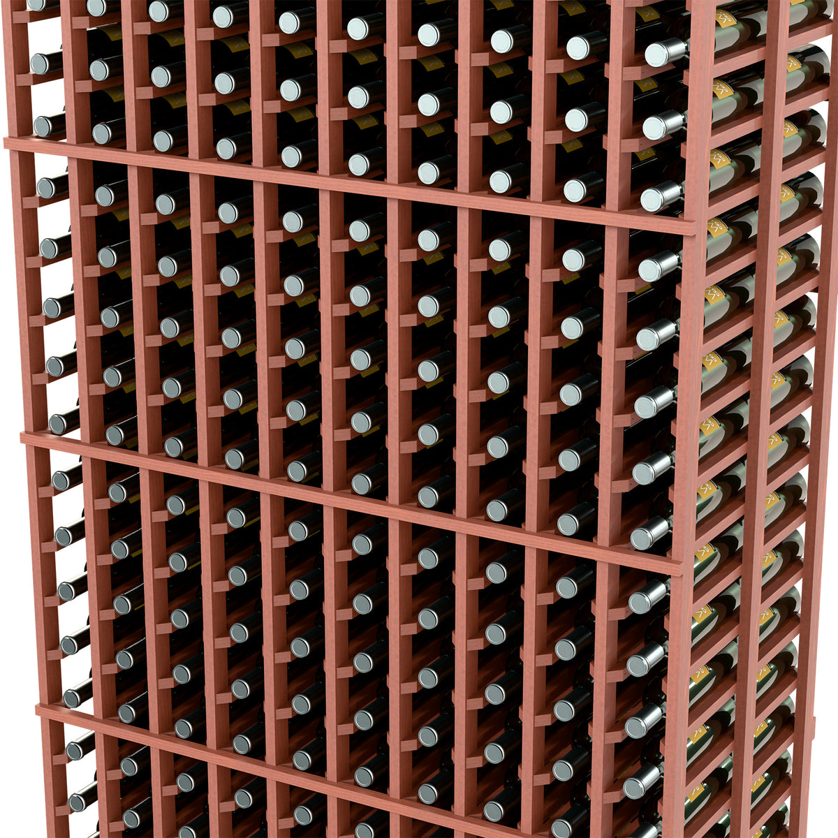 10-column double-deep wine rack close-up, reddish frame with bottle-neck storage holes