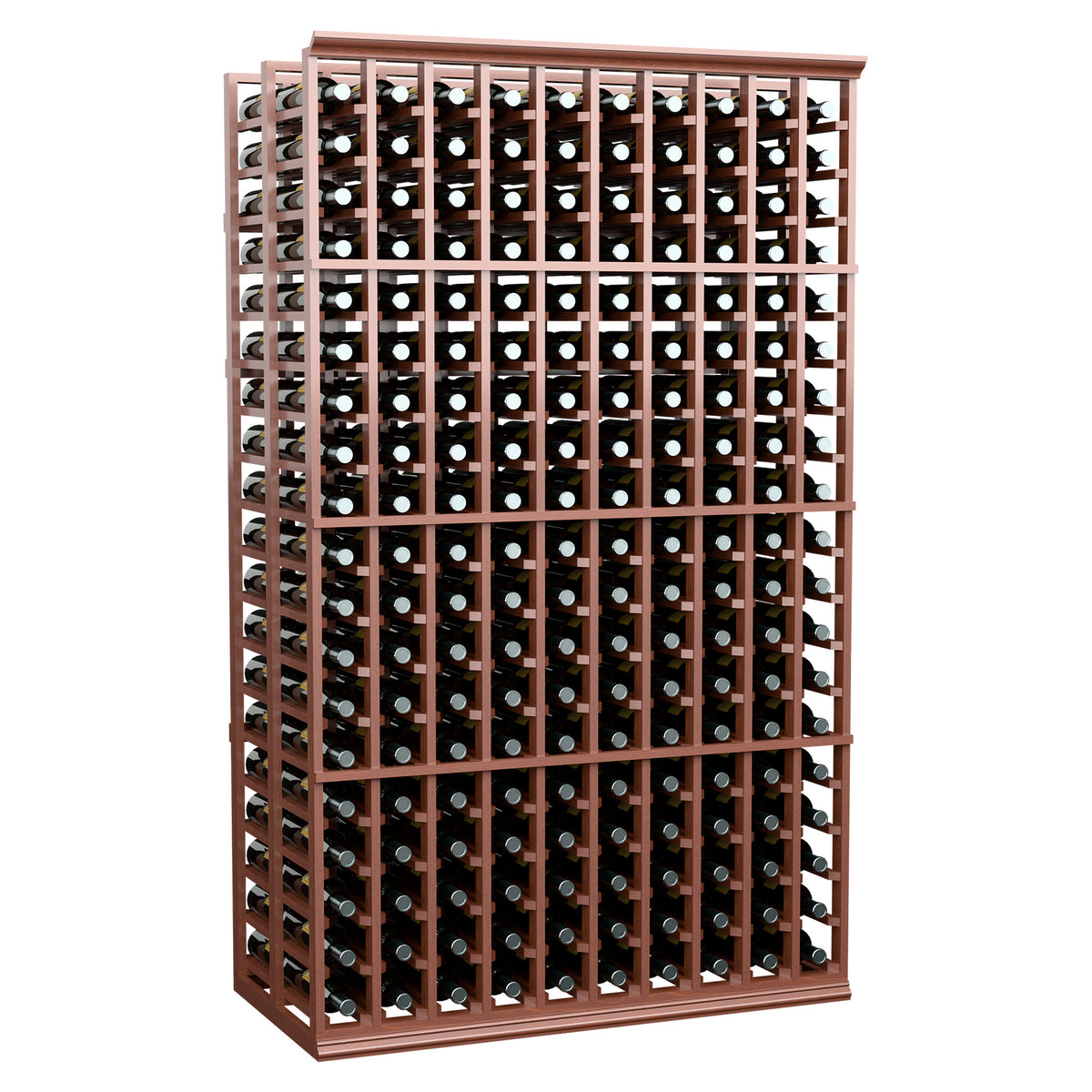 10-column double-deep wine rack, 6ft tall, reddish wood finish with bottle compartments