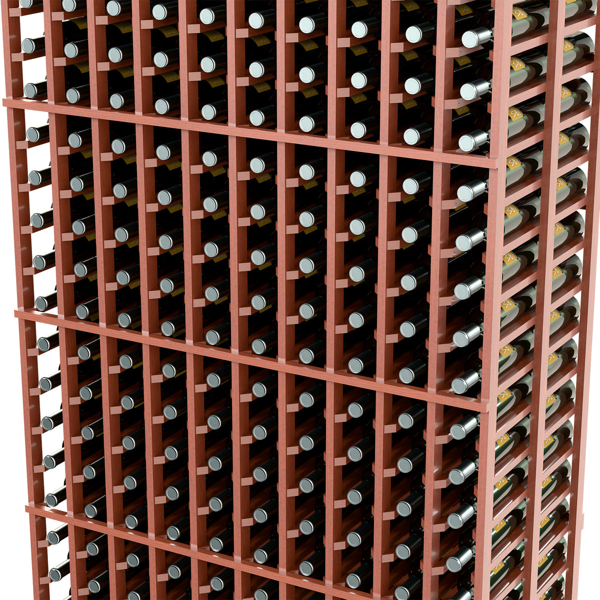 10-column double-deep wine rack close-up, reddish frame with bottle holder openings