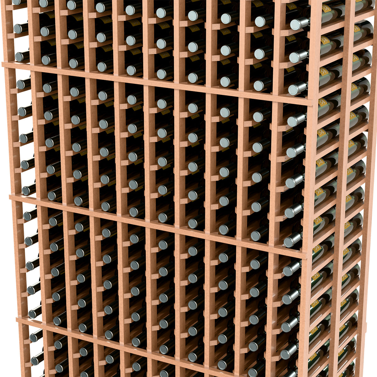 Natural wood wine rack close-up with bottle slots and metal holder pins