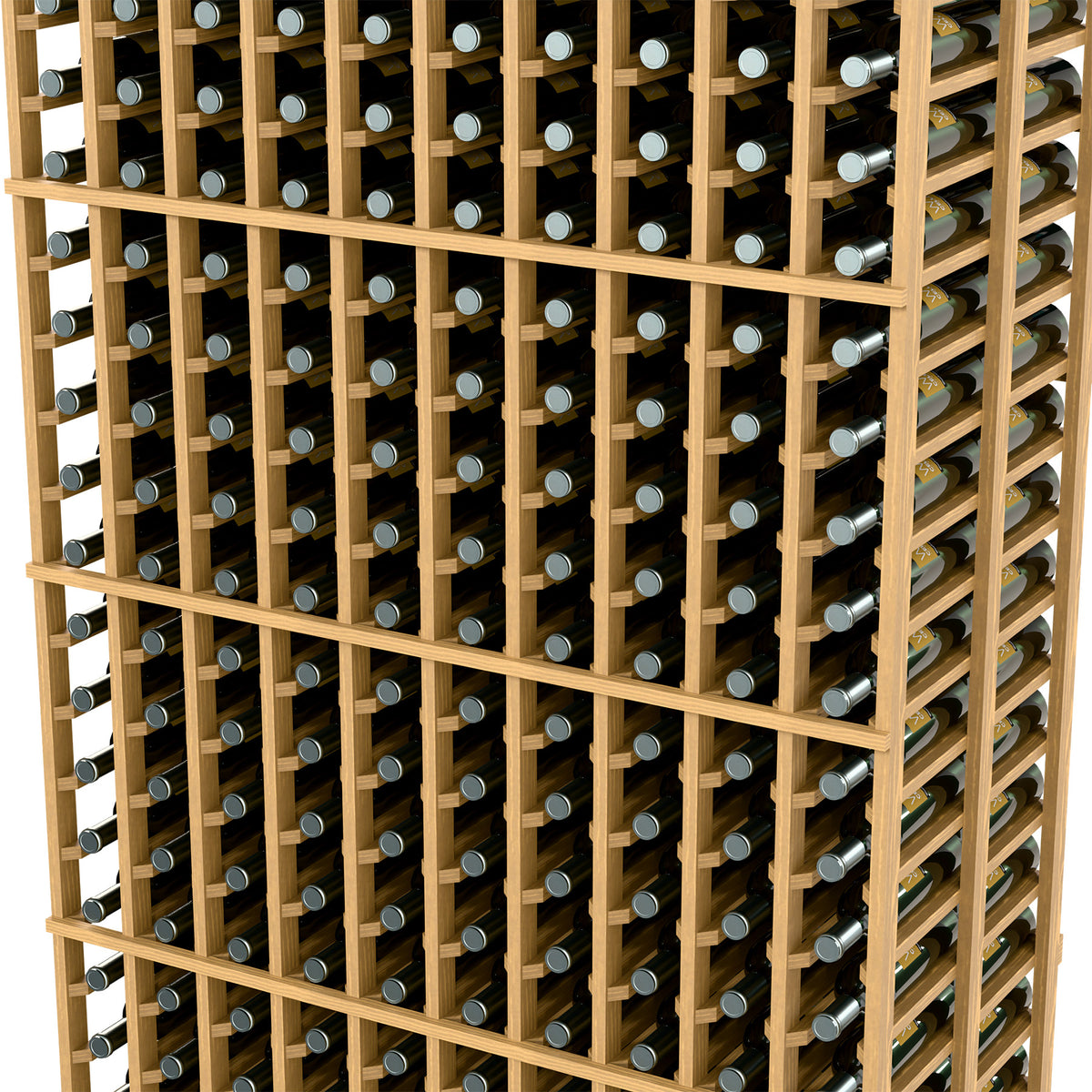 Natural wood wine rack detail showing bottle slots and back support bars