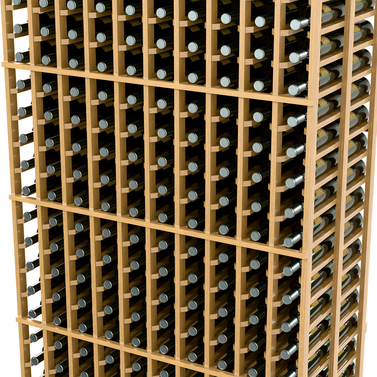 Natural wood wine rack close-up showing bottle slots and side dividers