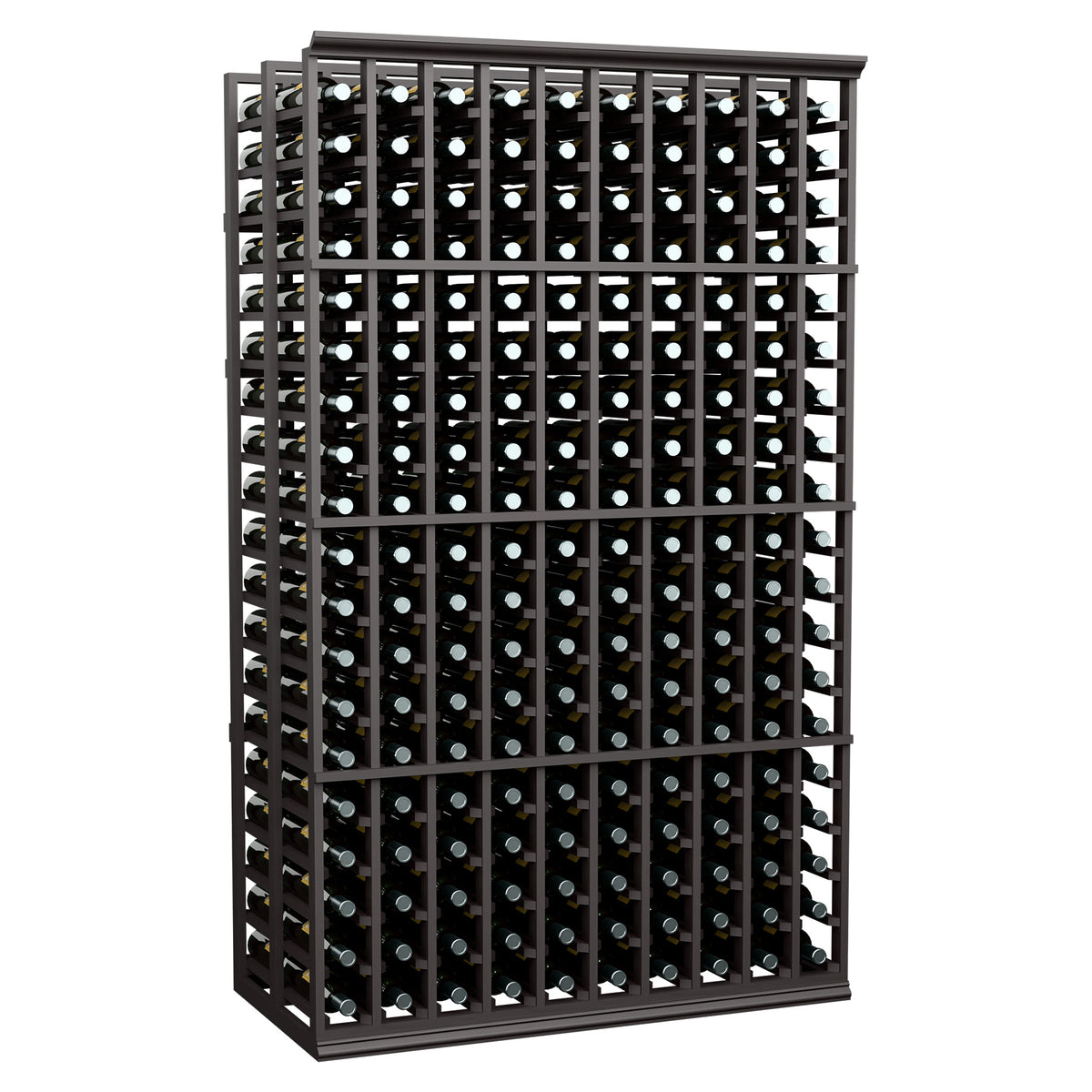 10-column double-deep wine rack, dark wood frame with bottle slots