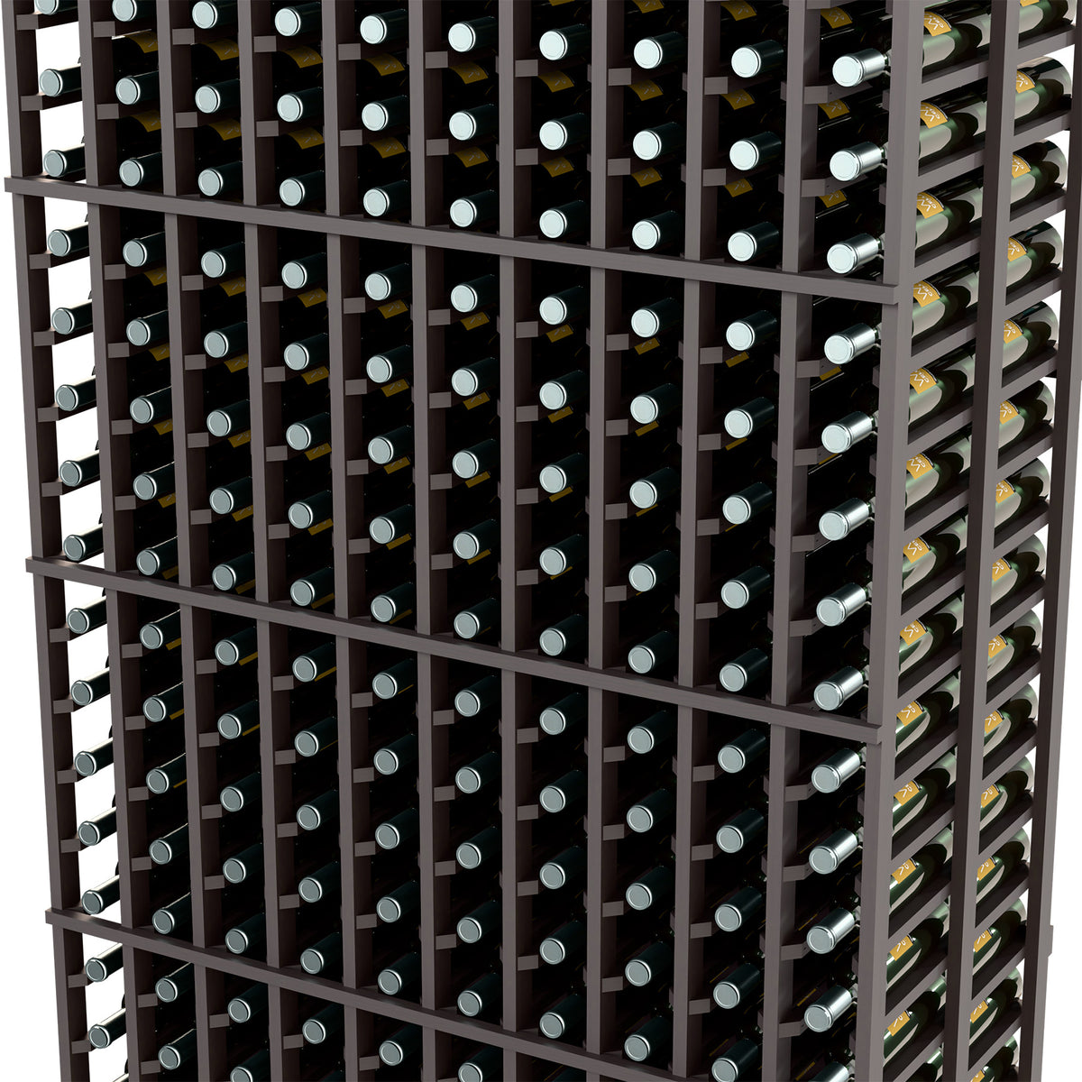 Dark wine rack close-up with bottle slots and metal holder pegs