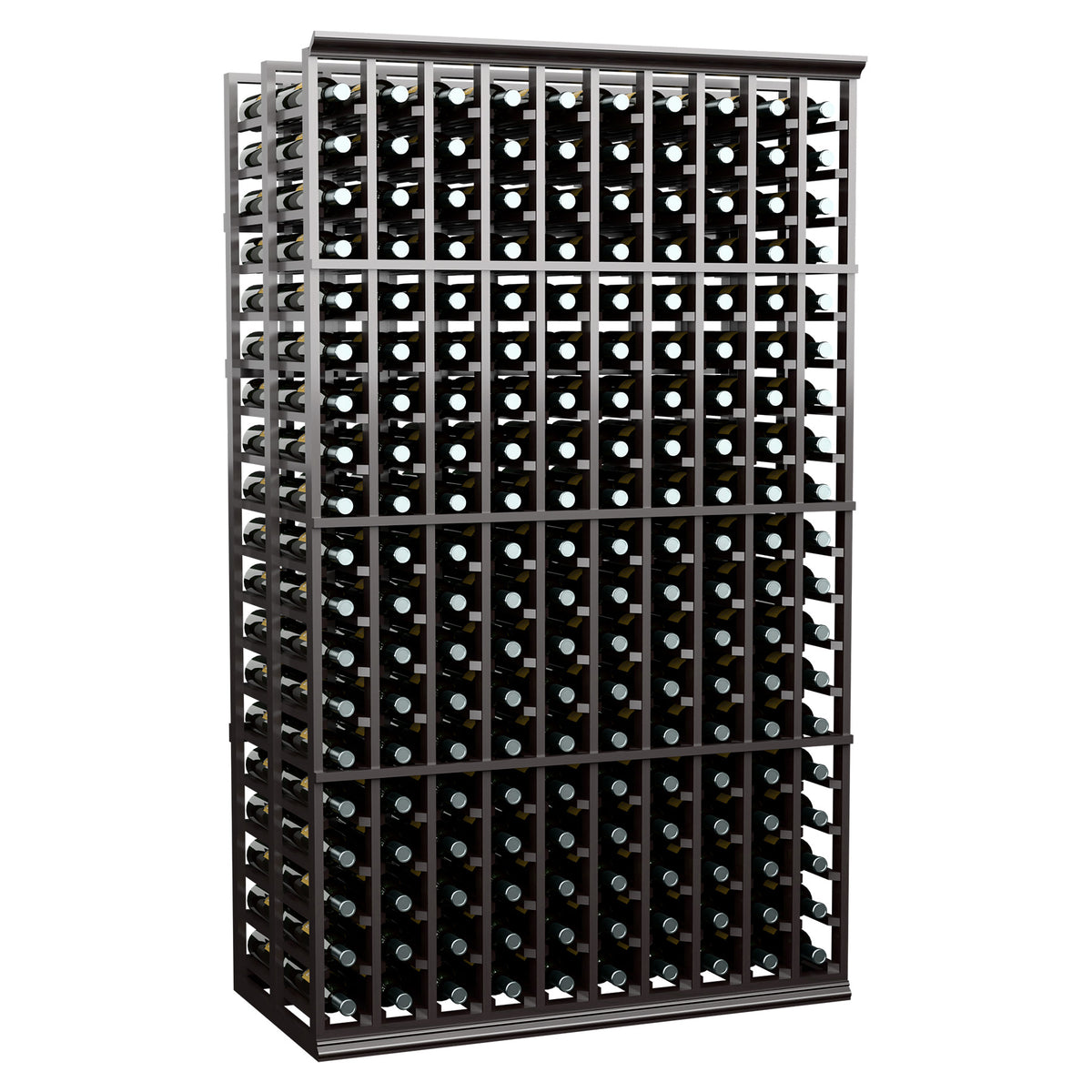 Double-deep wine rack with dark wood frame and evenly spaced bottle openings