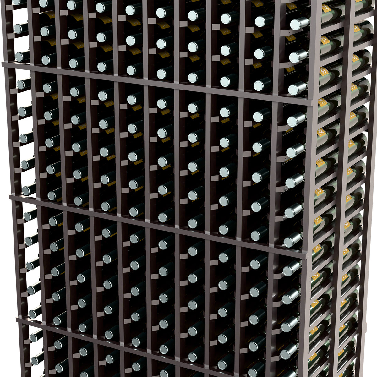 Dark wood wine rack detail with bottle slots and side support rails