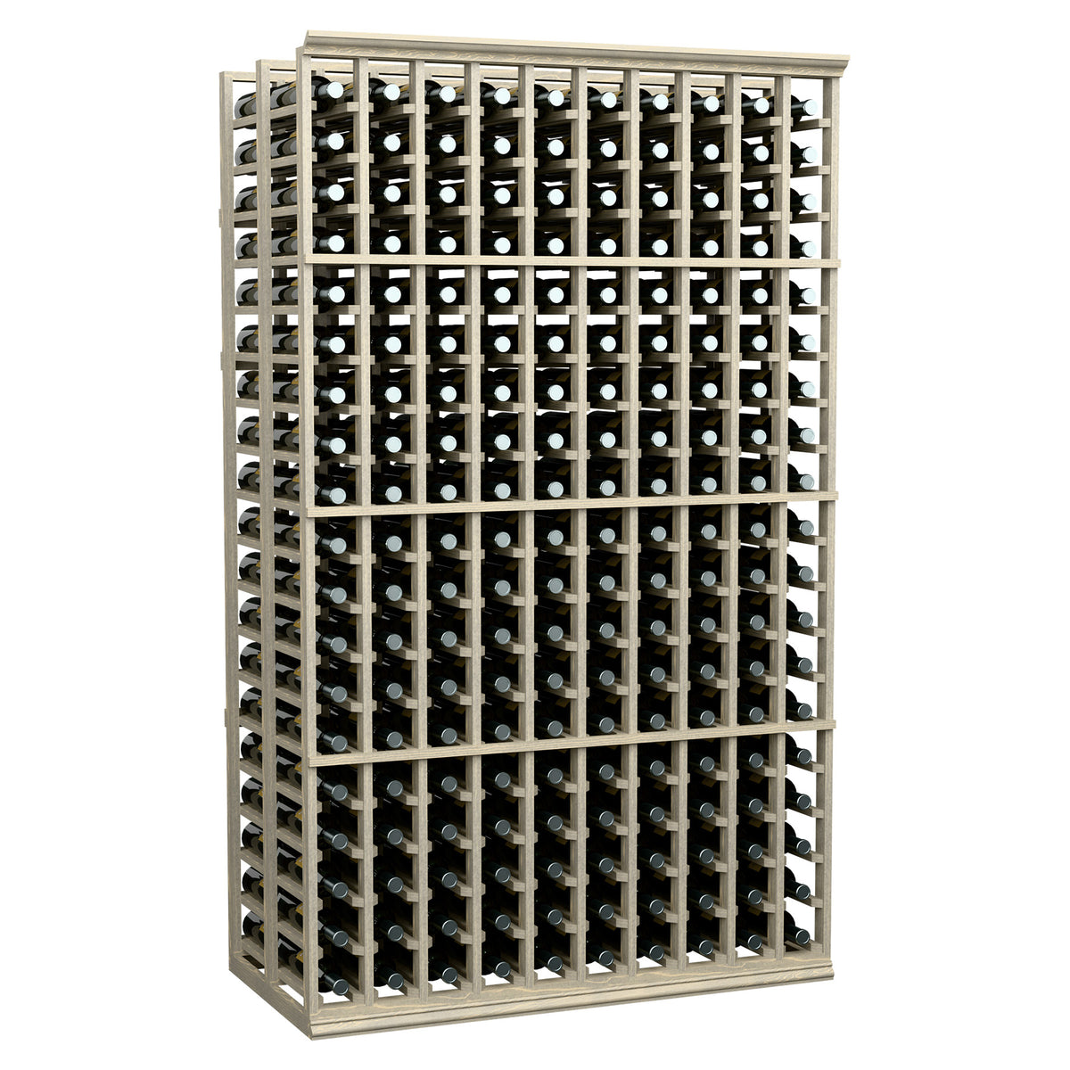 Wine bottle storage rack with light wood frame and metal bottle slots