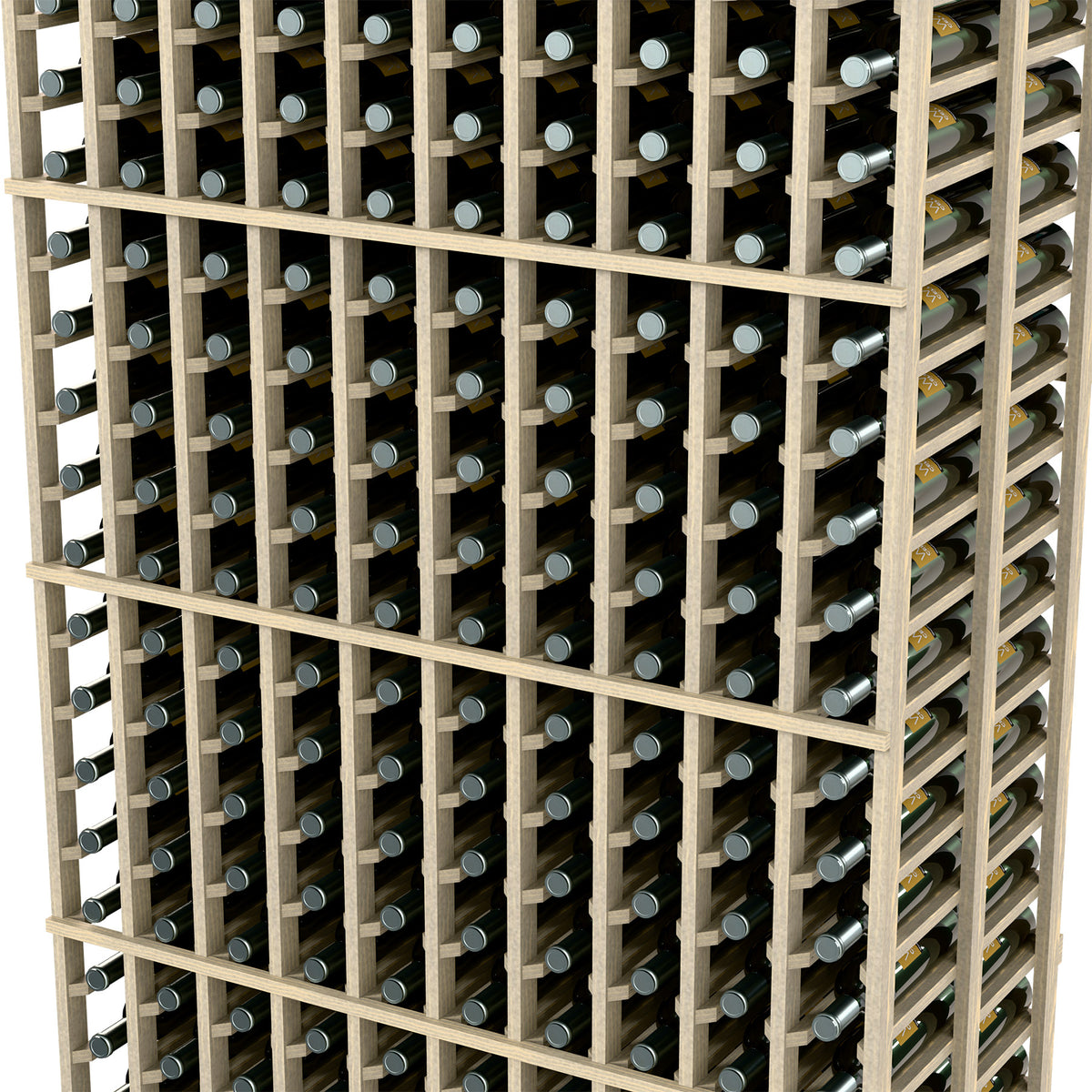 Close-up of light wood wine rack with metal bottle slots and bottle openings