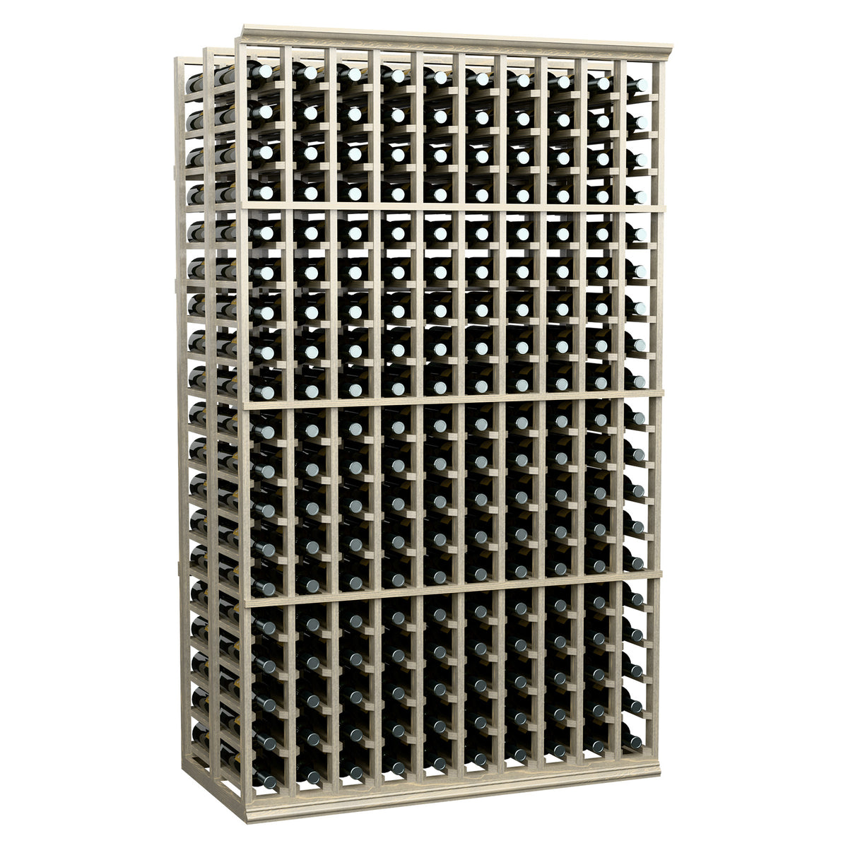 Wine bottle storage rack with light wood frame and metal bottle slots, front view