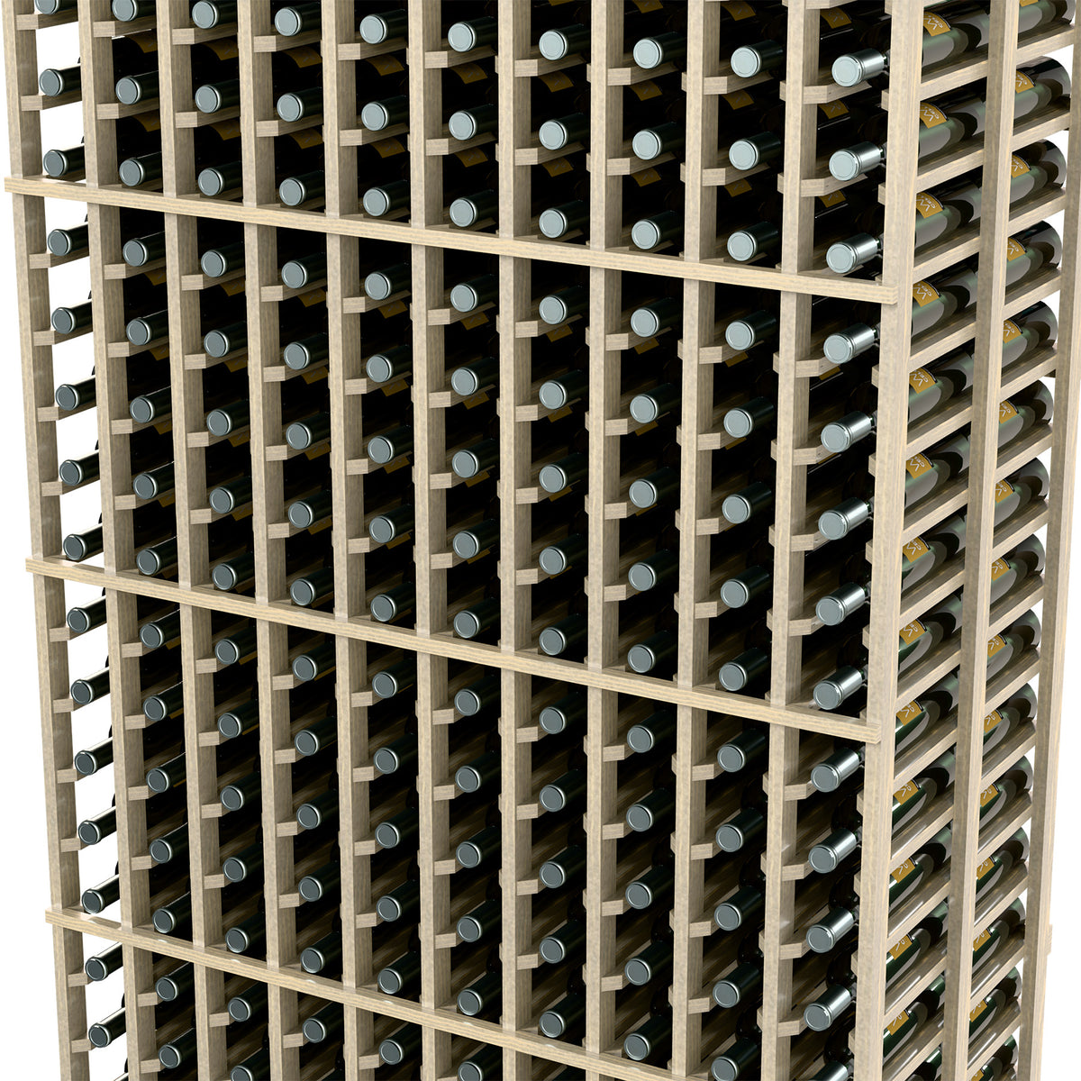 Close-up of light wood wine rack grid with metal bottle slots
