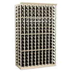 Wine bottle storage rack with light wood frame and metal bottle slots, angled view