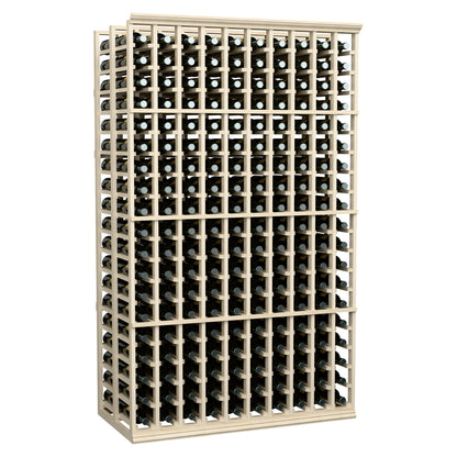 Wine bottle storage rack with light wood frame and metal bottle slots, angled view