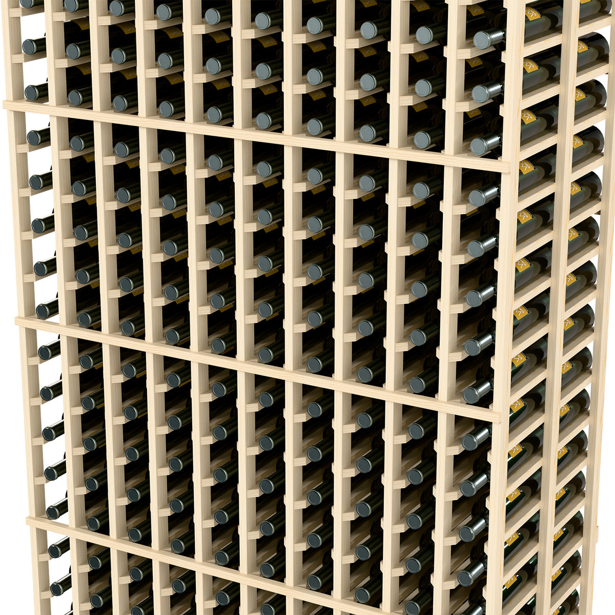 Close-up of light wood wine rack grid with metal bottle slots