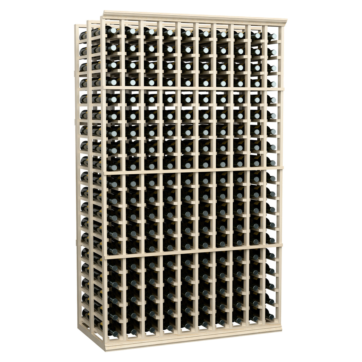 Wine bottle storage rack with light wood frame and metal bottle slots, front view
