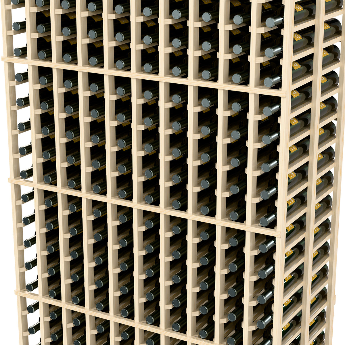 Close-up of light wood wine rack grid with metal bottle slots and rows