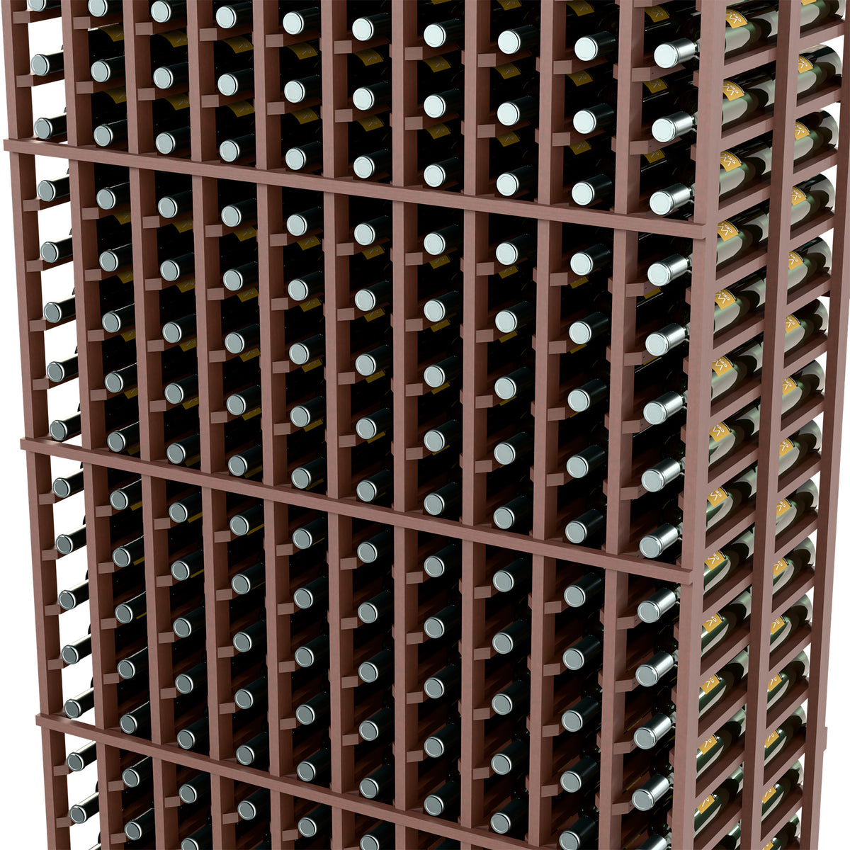 Close-up of dark wood wine rack with metal bottle slots and bottle openings