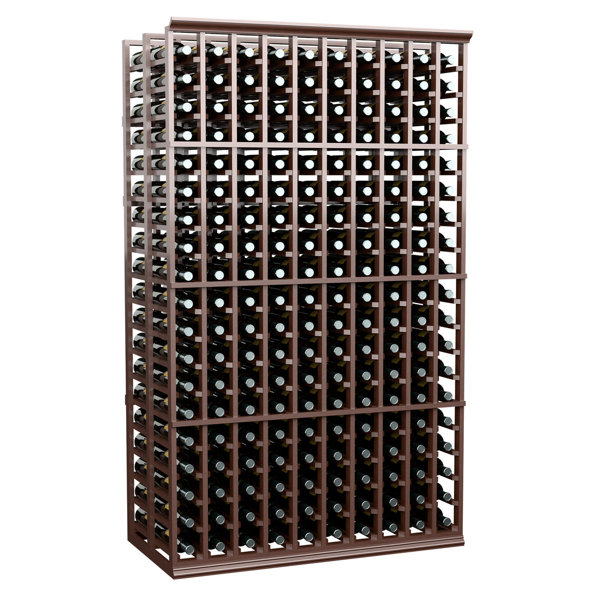 Double-deep wine bottle rack with dark wood frame and wire bottle holders, 10 columns.