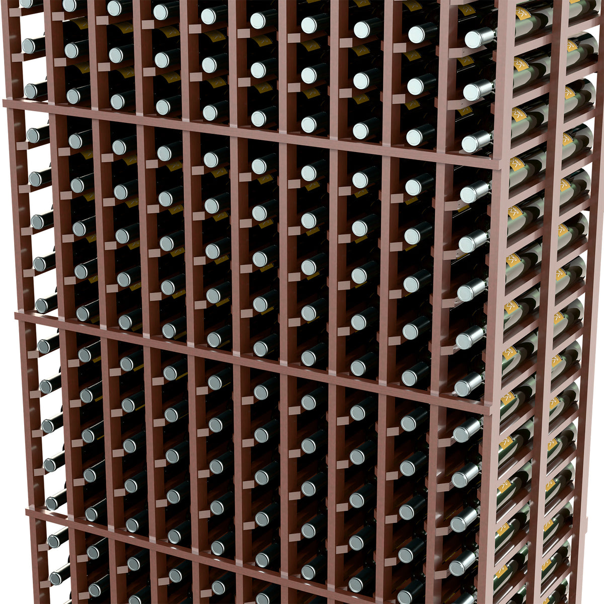 Wine bottle rack close-up with dark wood dividers and silver-gray bottle holders.