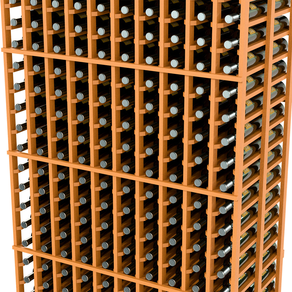 Wine bottle rack close-up with light wood dividers and silver-gray bottle holders.