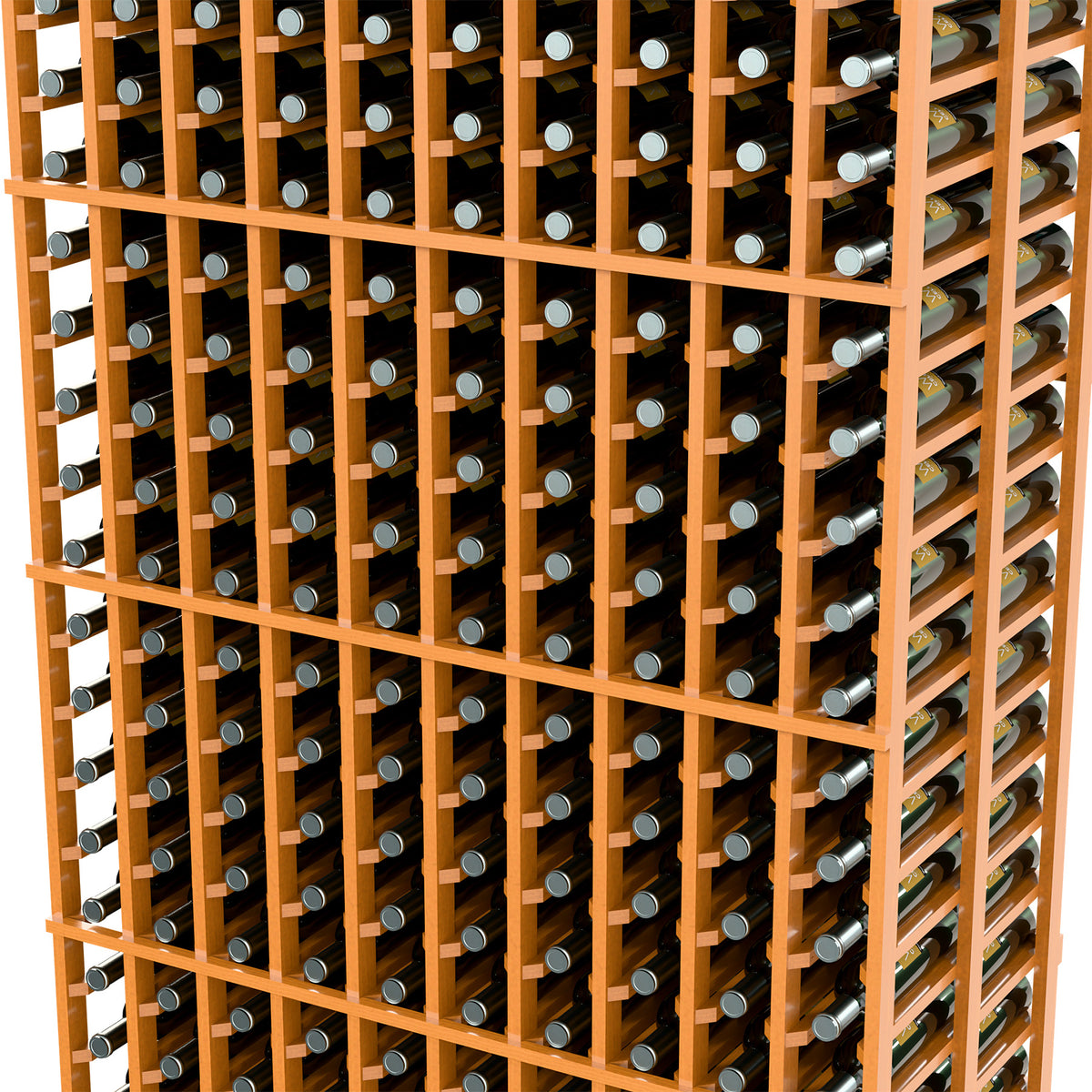 Wine bottle rack close-up with light wood dividers and silver-gray bottle holders.