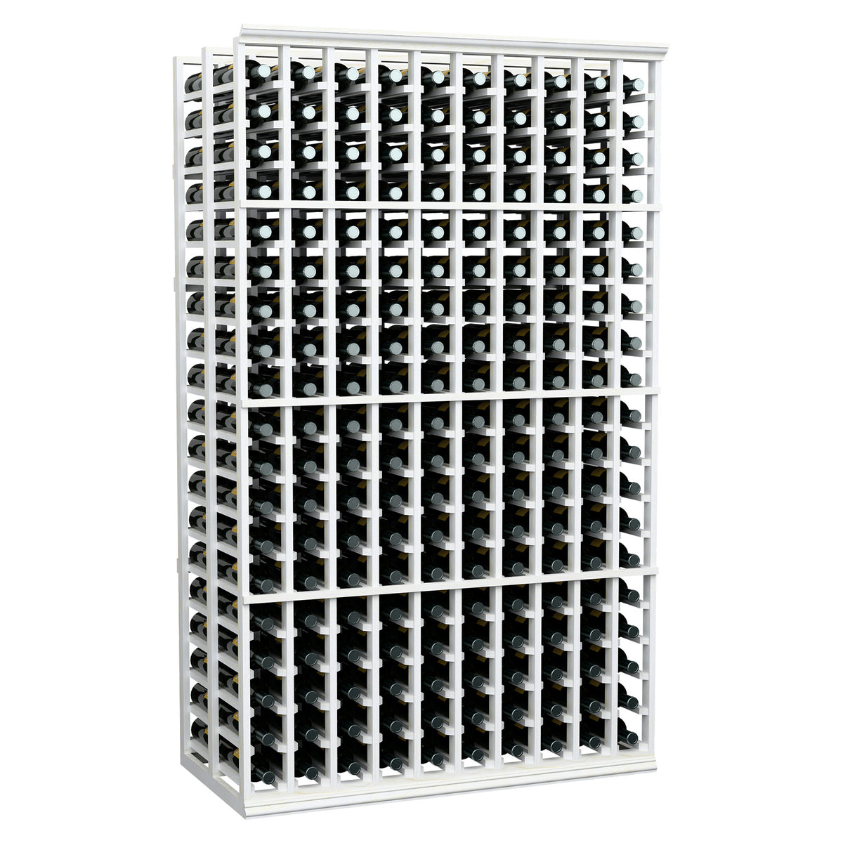 Double-deep wine bottle rack with white frame and silver-gray bottle holders, 10 columns.