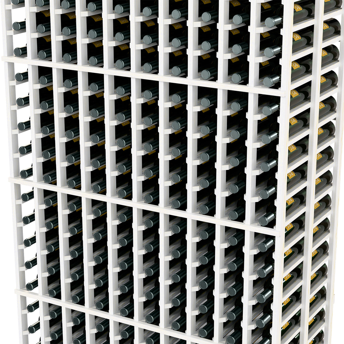 Wine bottle rack close-up with white dividers and silver-gray bottle holders.