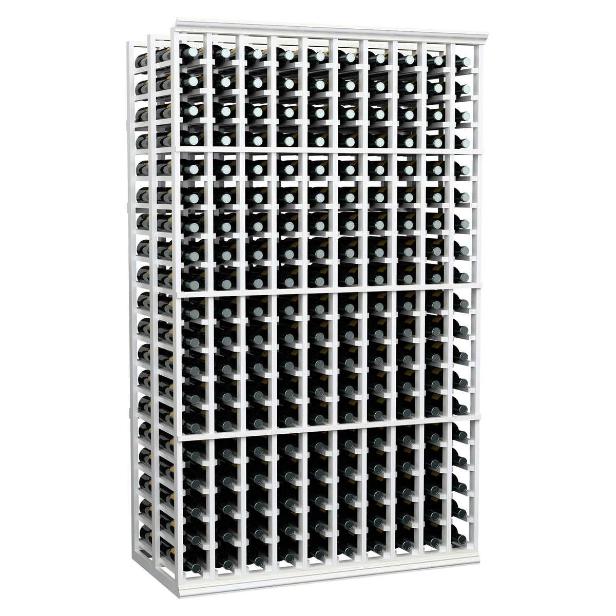 Double-deep wine bottle rack with white frame and silver-gray bottle holders, 10 columns.