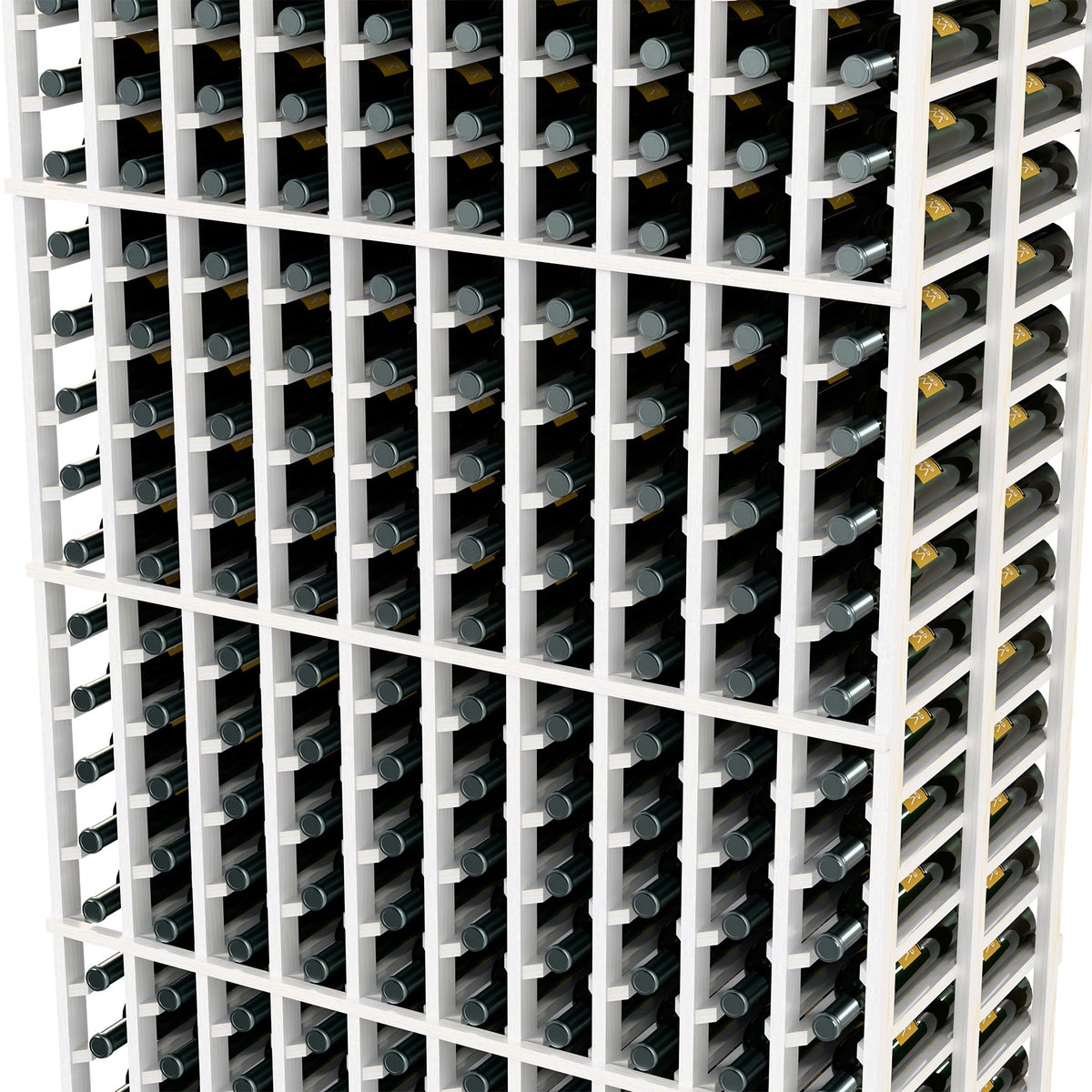 Wine bottle rack close-up with white dividers and silver-gray bottle holders.