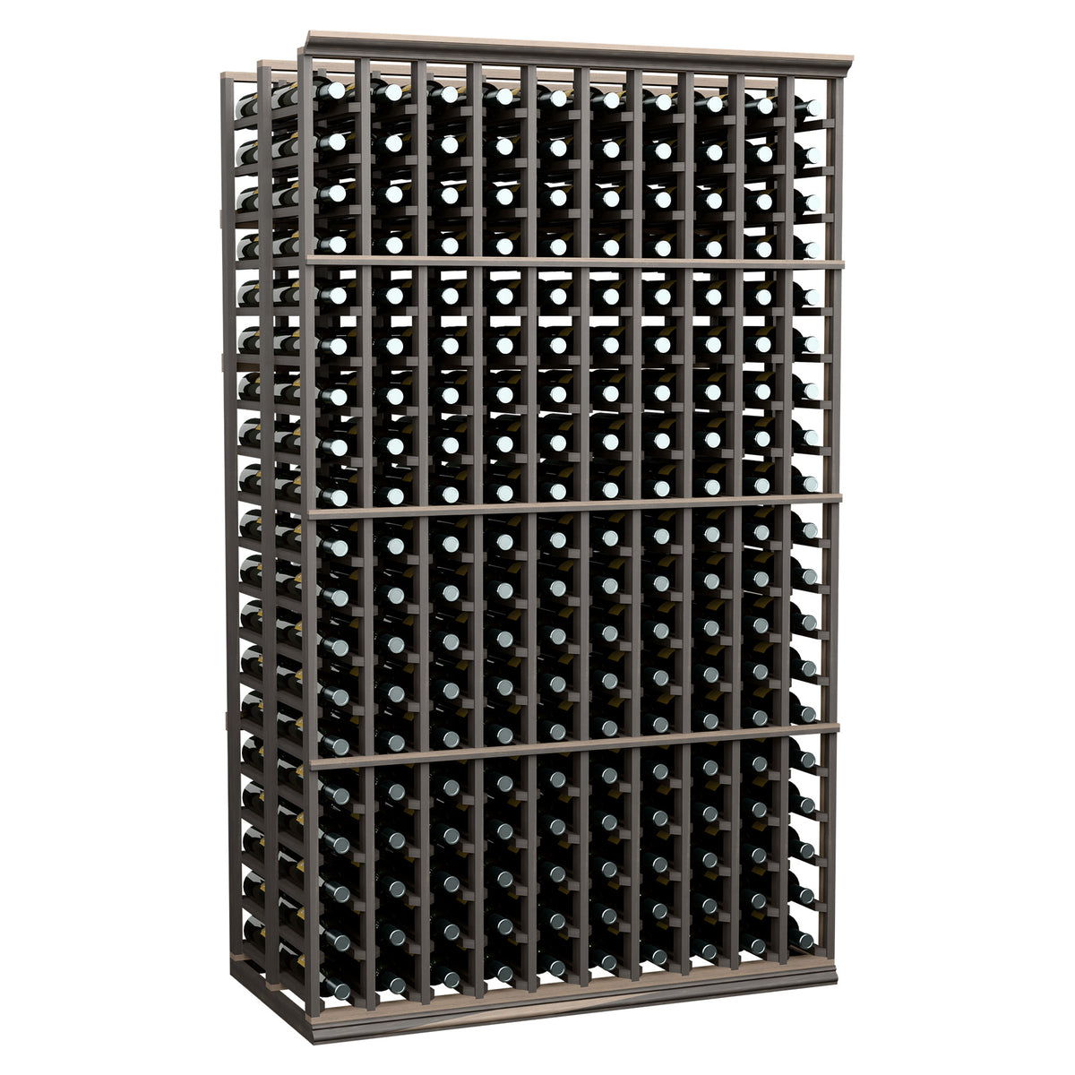 Double-deep 10-column wine bottle rack, dark frame, front view with bottle slots