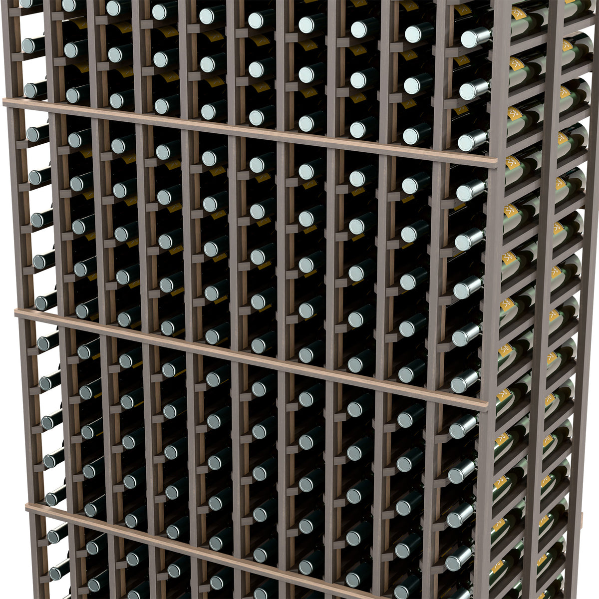 Double-deep 10-column wine bottle rack close-up, dark frame and rowed bottle caps