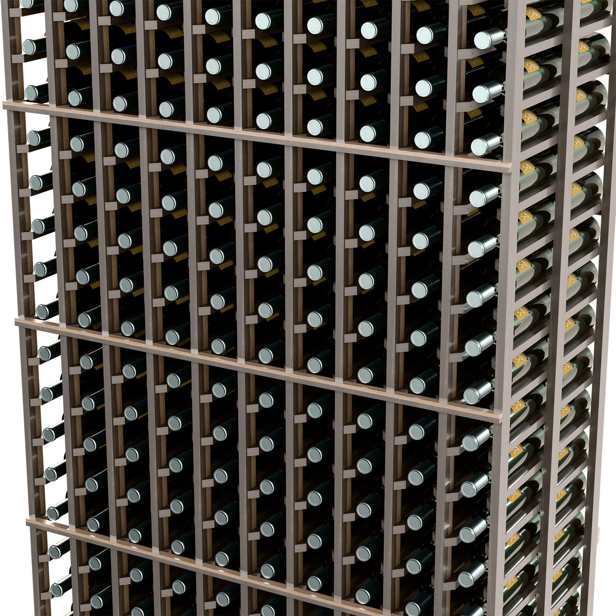 Double-deep 10-column wine bottle rack close-up, dark frame and horizontal shelves