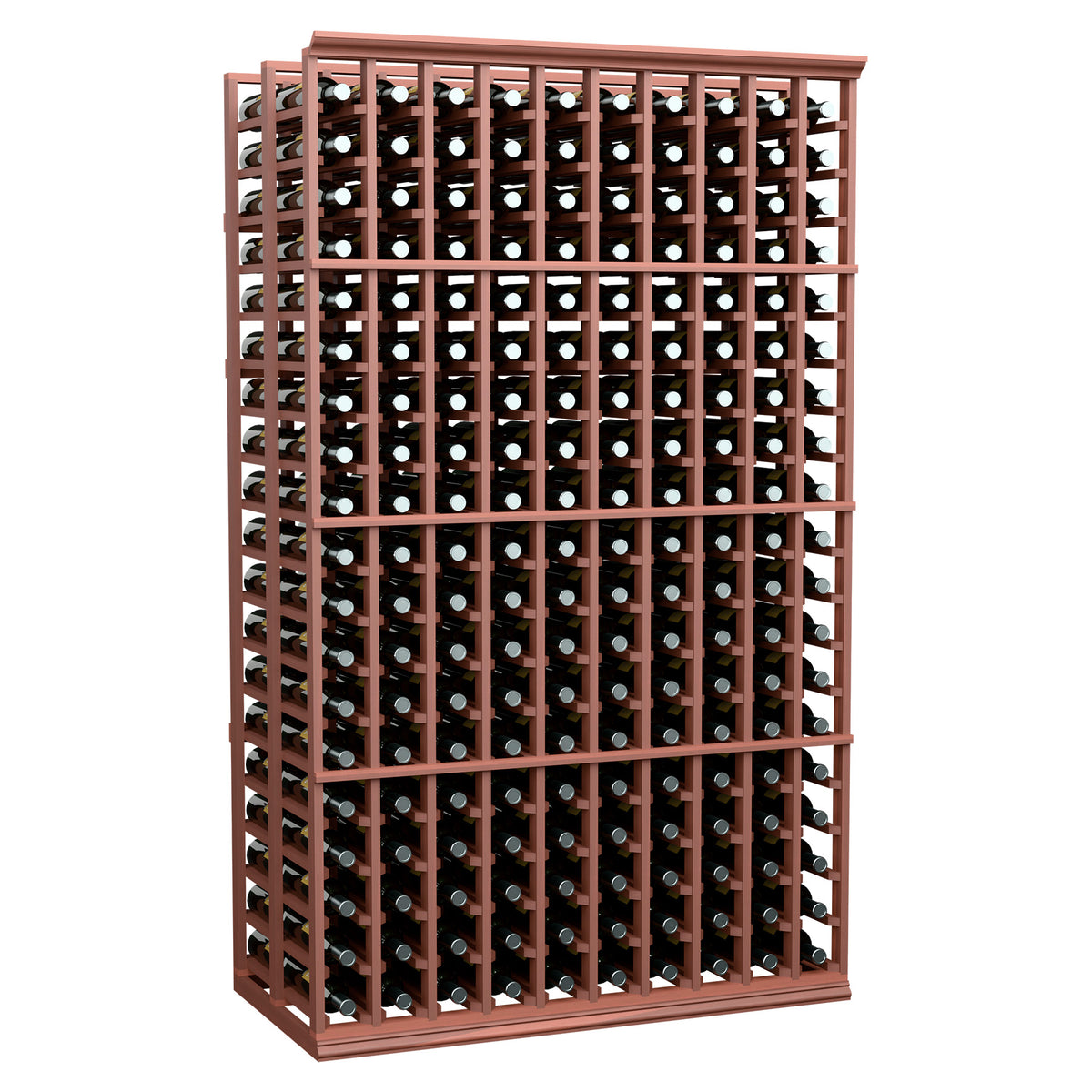 Double-deep 10-column wine bottle rack, reddish-brown frame, front view with bottles