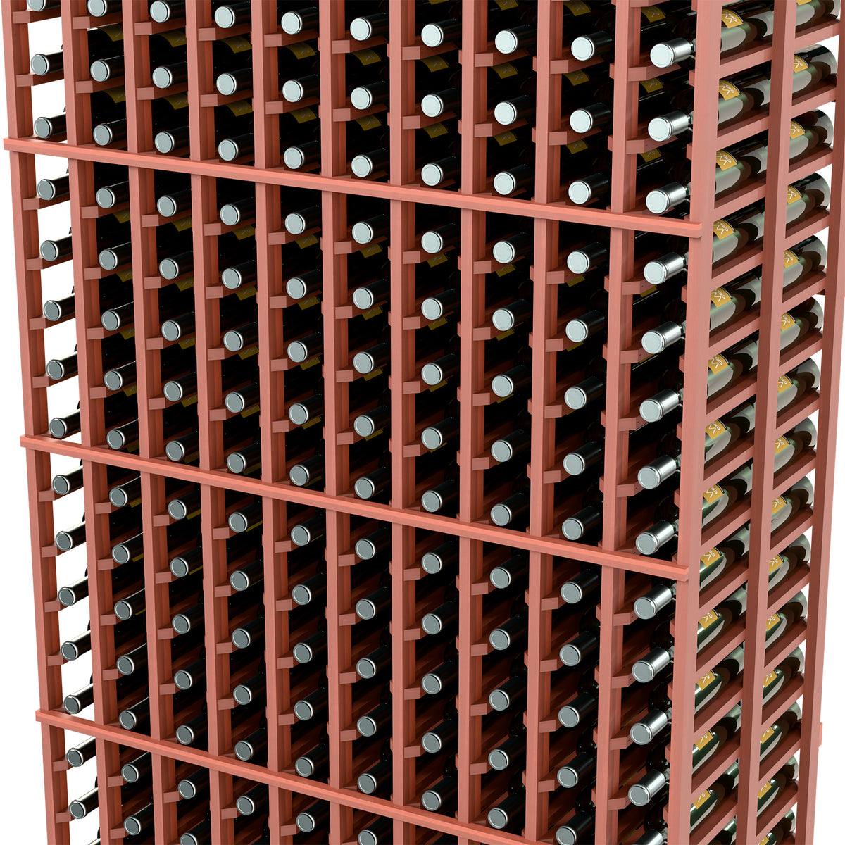 Double-deep 10-column wine bottle rack close-up, reddish-brown frame and bottle rows