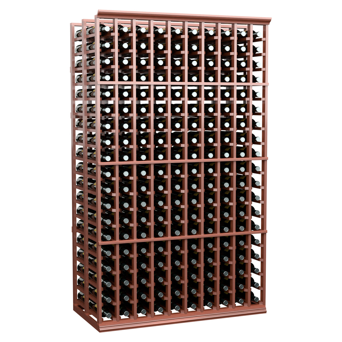 Double-deep 10-column wine bottle rack, reddish-brown frame, full front view