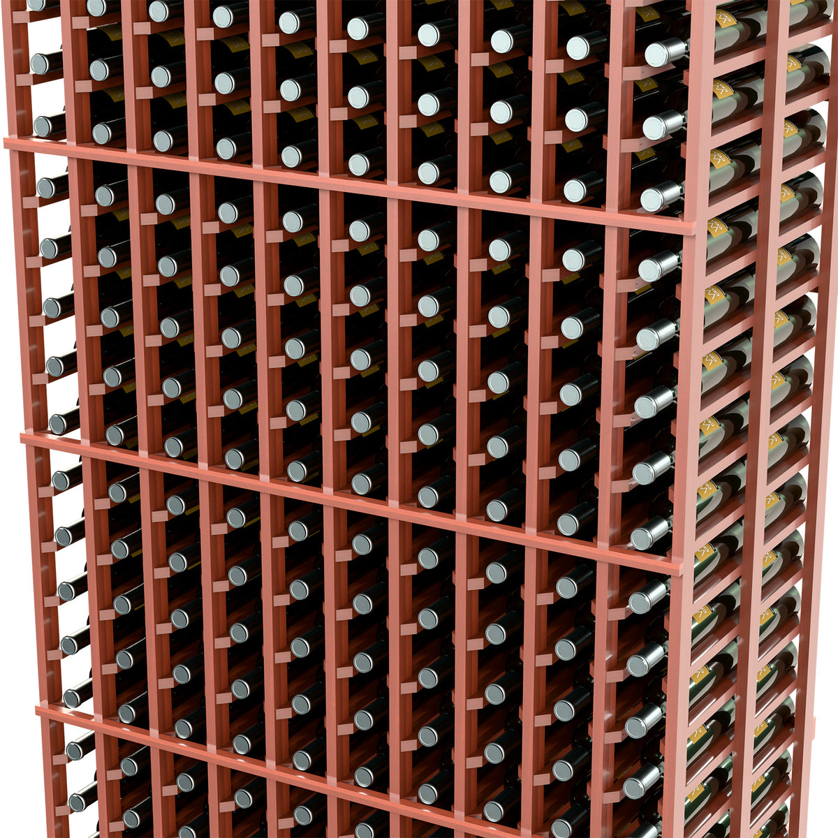 Double-deep 10-column wine bottle rack close-up, reddish-brown frame and bottle openings