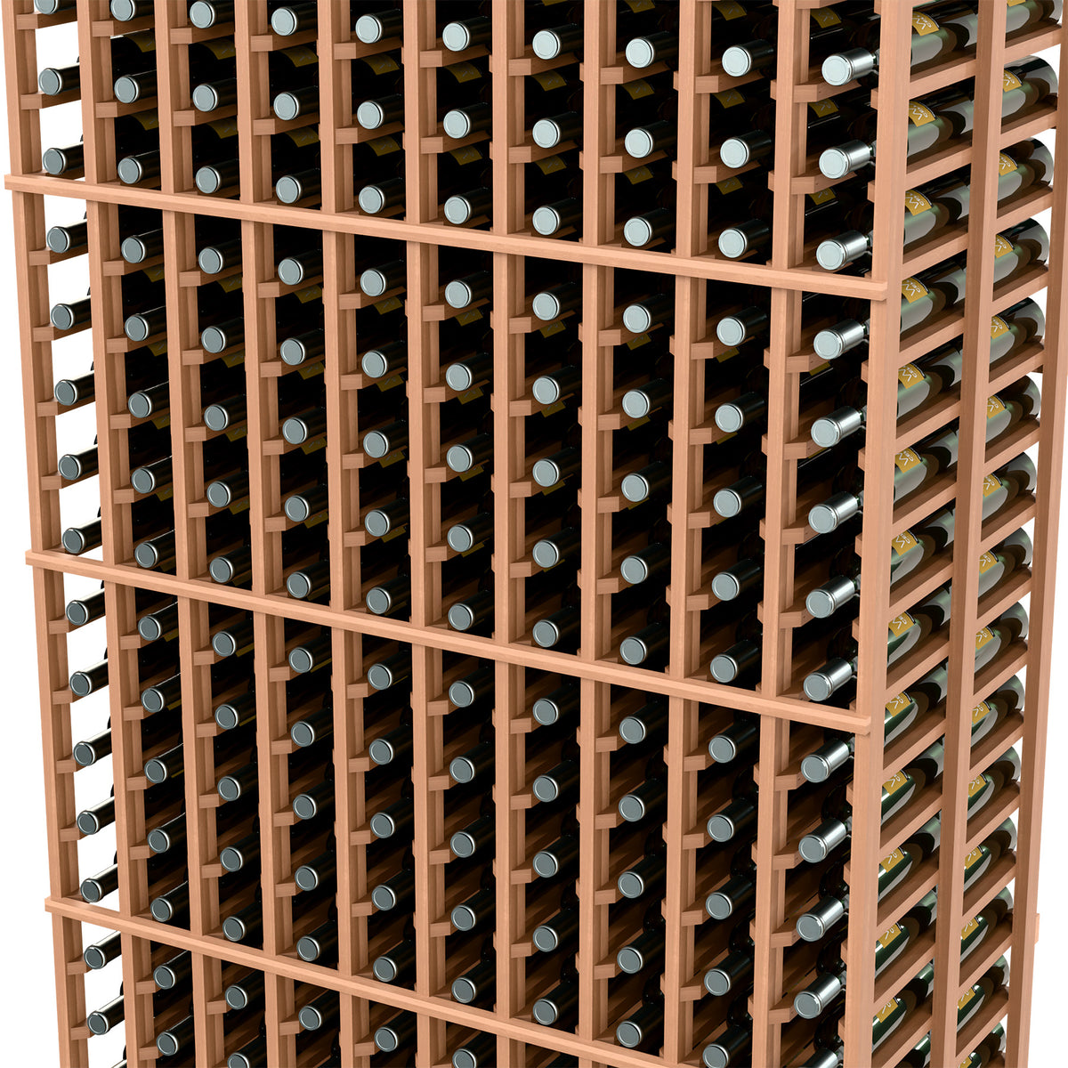 Double-deep 10-column wine bottle rack close-up, light wood frame and bottle rows