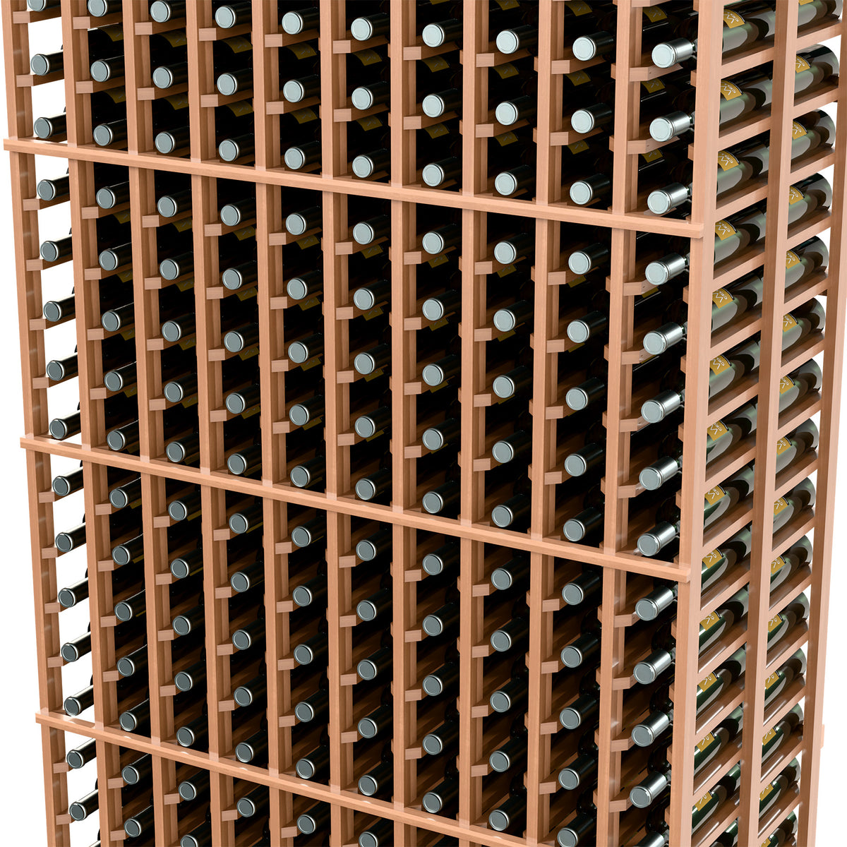 Close-up of natural wood wine rack with grid rows and round metal bottle rests