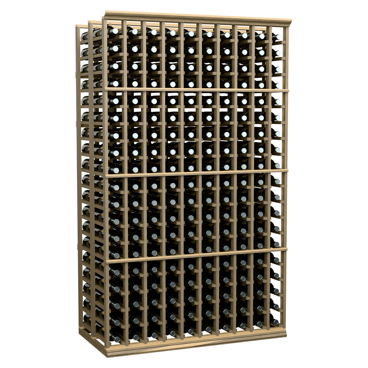 10-column double-deep wine bottle rack with light wood frame and metal bottle holders