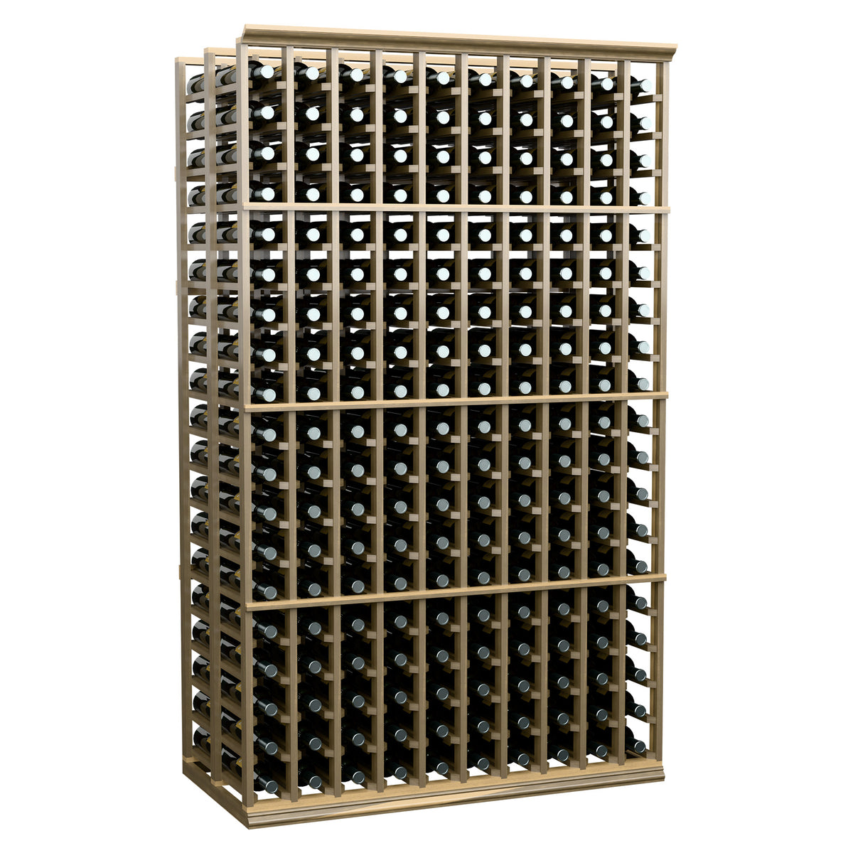 10-column double-deep wine bottle rack with warm light wood frame and metal bottle holders
